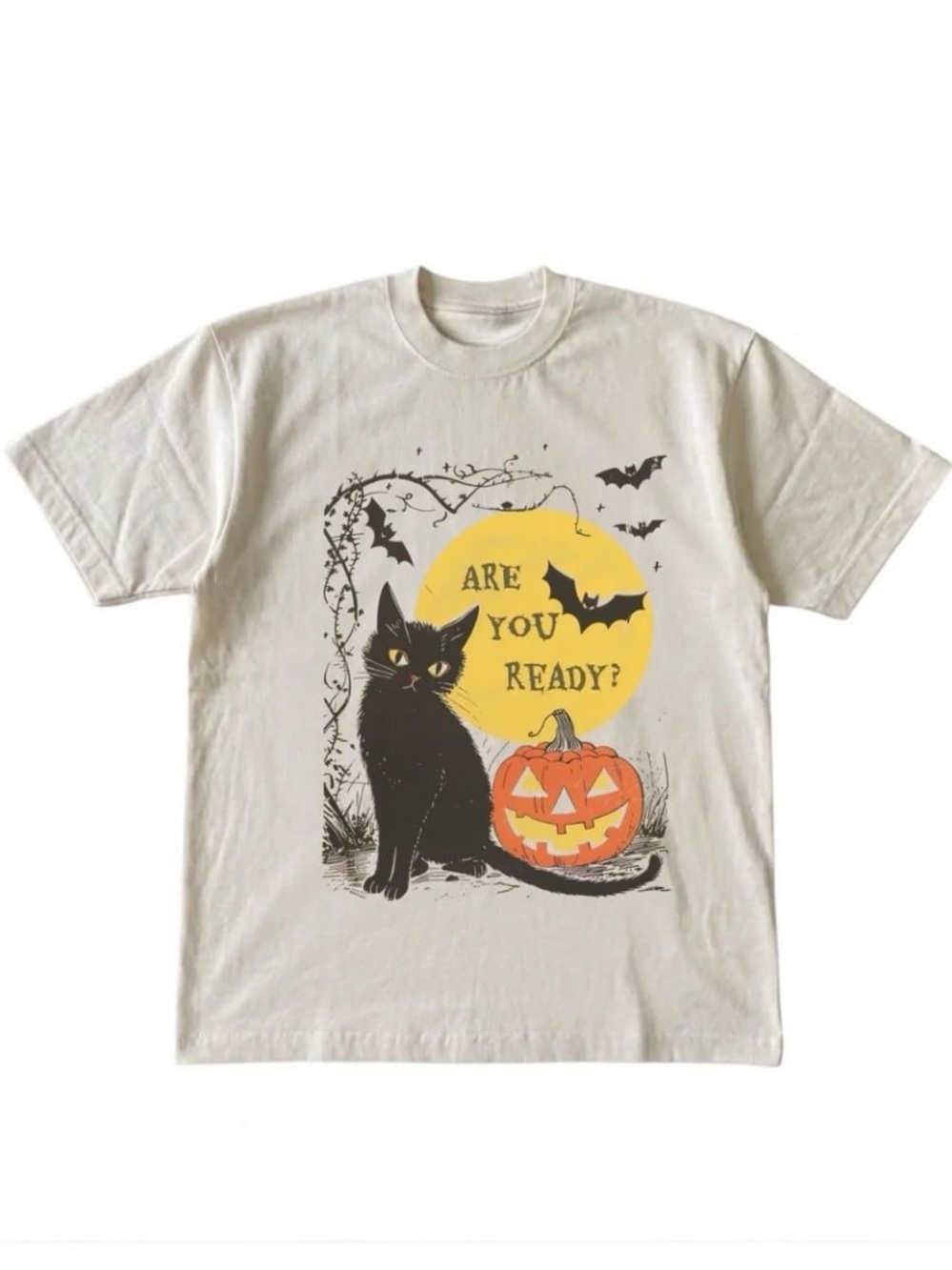 Cream Short Sleeve Tee with Black Cat & Orange Pumpkin Graphic